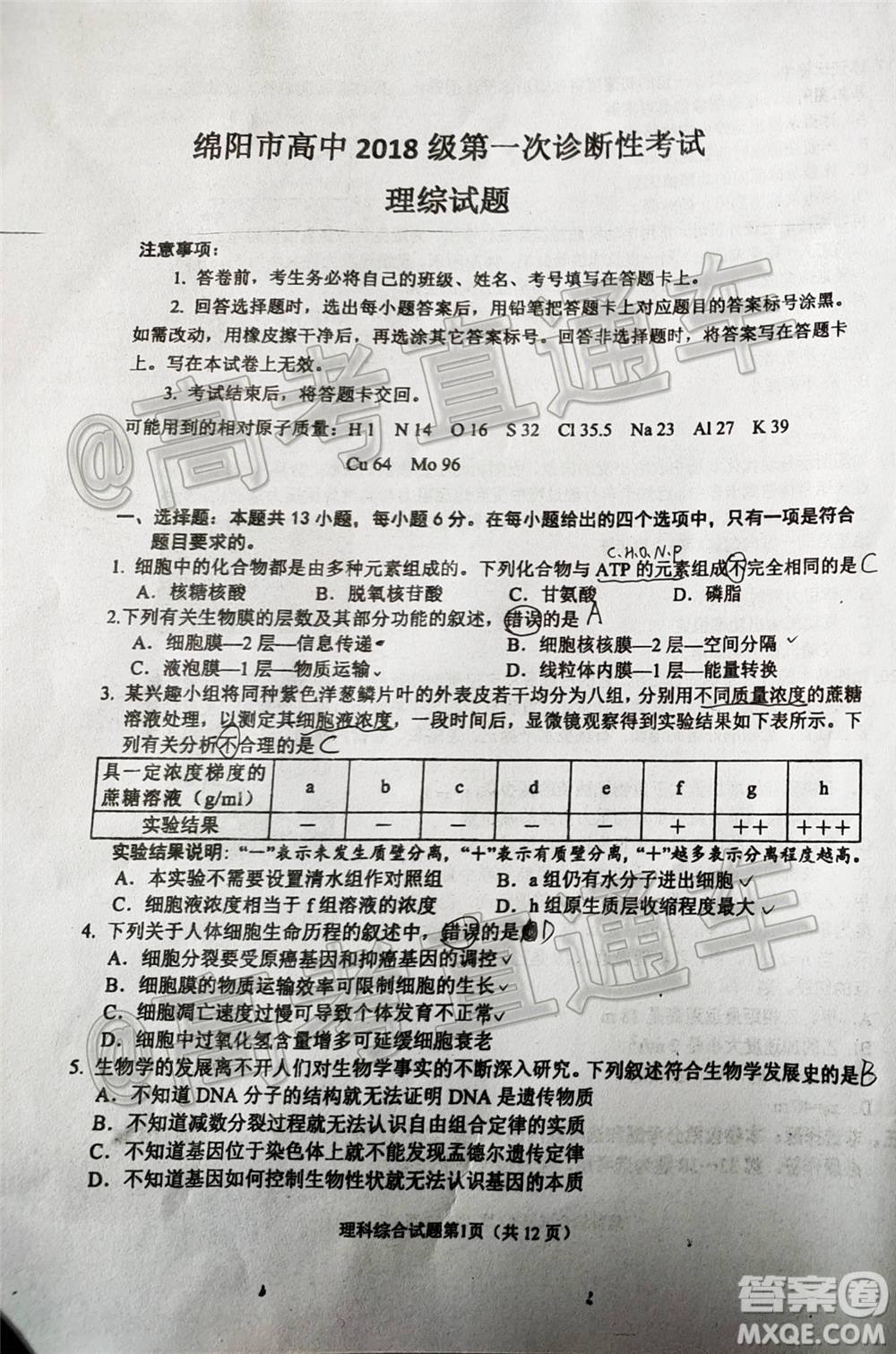 綿陽市高中2018級(jí)第一次診斷性考試?yán)砜凭C合試題及答案