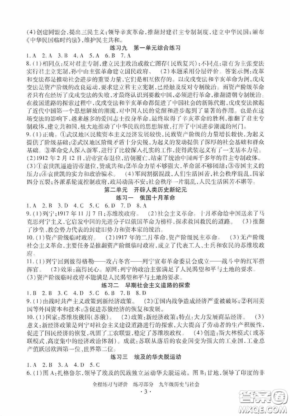 浙江人民出版社2020全程練習(xí)與評(píng)價(jià)九年級(jí)歷史與社會(huì)全一冊(cè)人教版答案