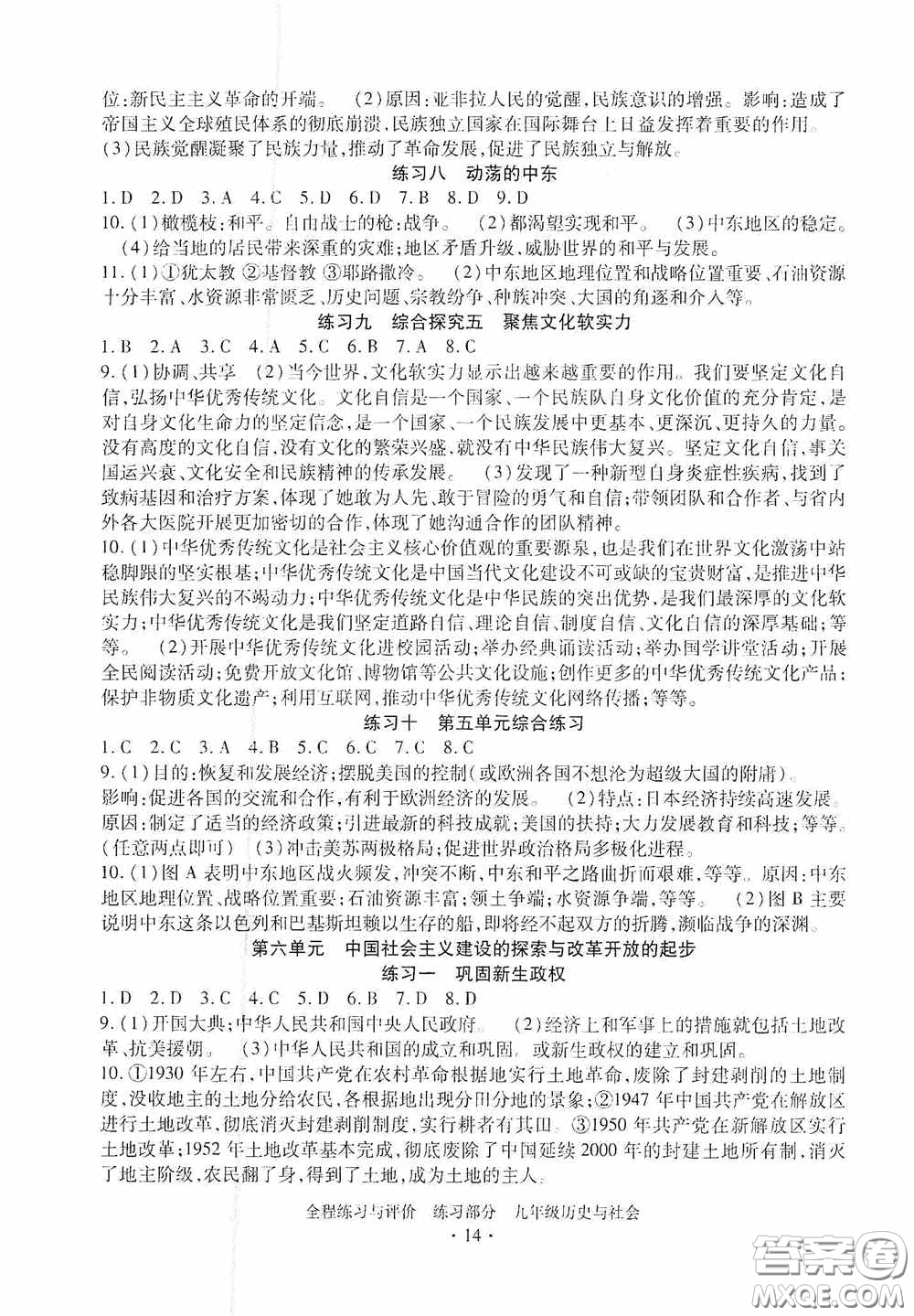 浙江人民出版社2020全程練習(xí)與評(píng)價(jià)九年級(jí)歷史與社會(huì)全一冊(cè)人教版答案