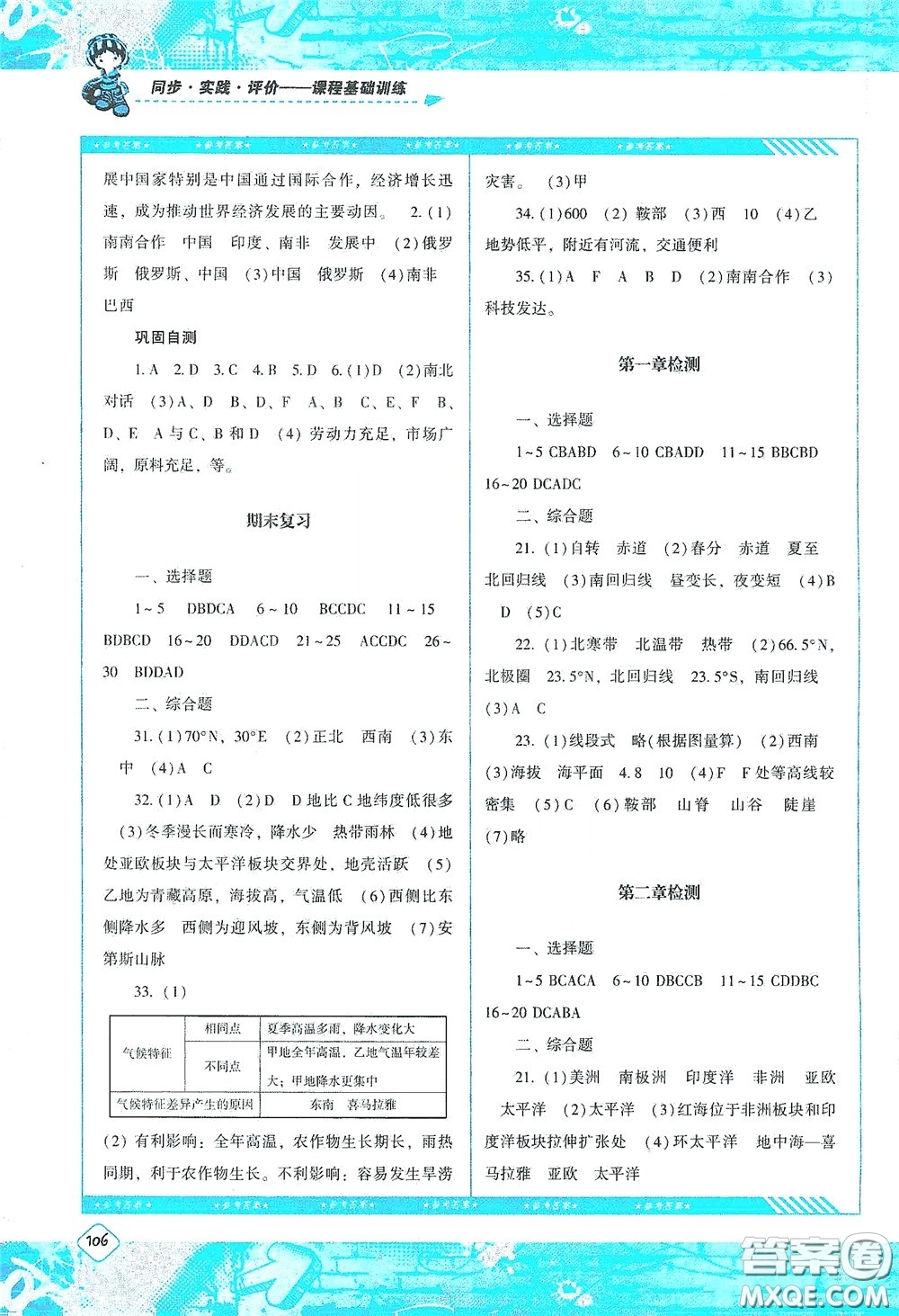 湖南少年兒童出版社2020課程基礎(chǔ)訓(xùn)練七年級地理上冊人教版答案