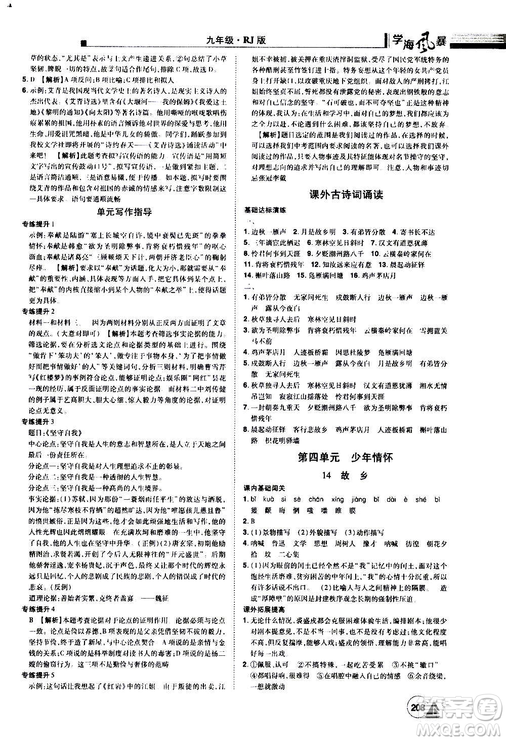 江西美術(shù)出版社2020學(xué)海風(fēng)暴語文九年級上冊RJ人教版答案