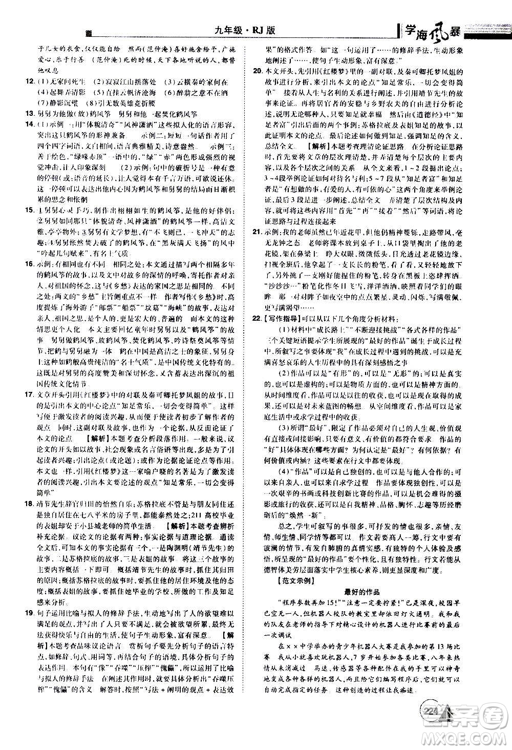 江西美術(shù)出版社2020學(xué)海風(fēng)暴語文九年級上冊RJ人教版答案