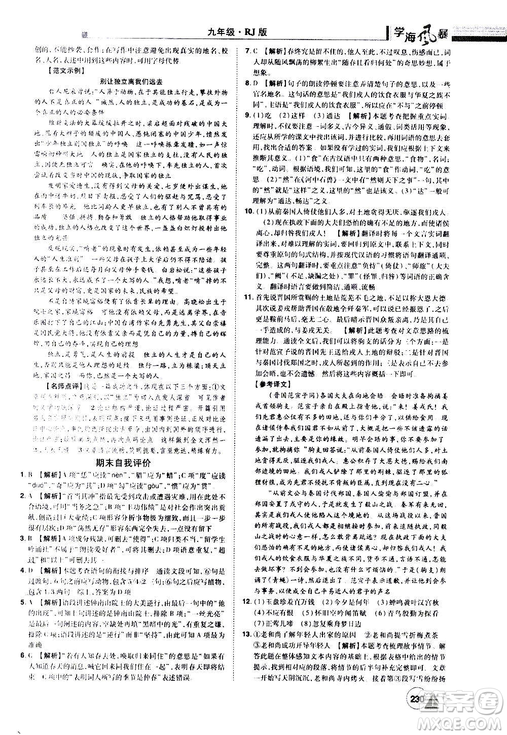 江西美術(shù)出版社2020學(xué)海風(fēng)暴語文九年級上冊RJ人教版答案