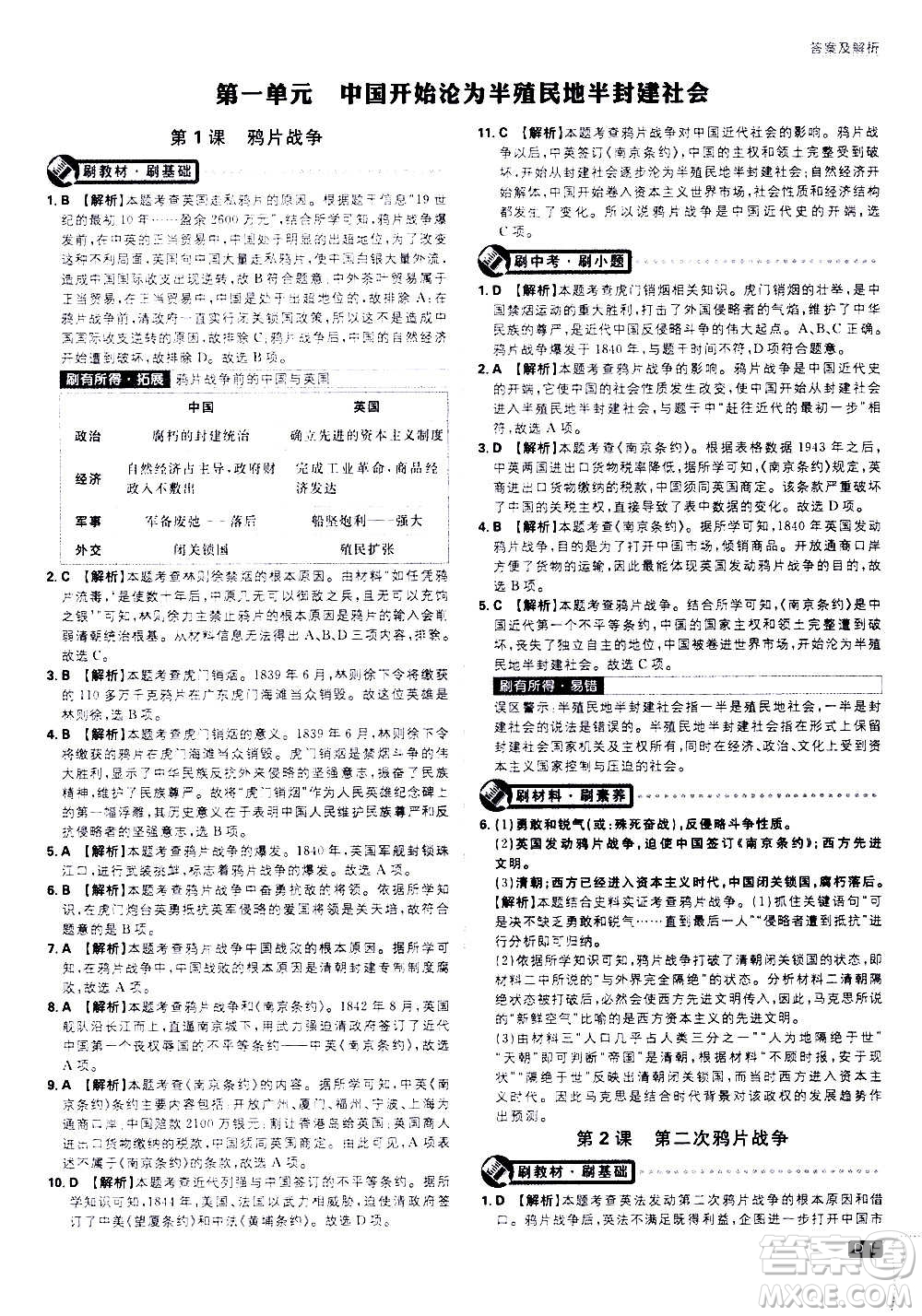 ?開明出版社2021版初中必刷題歷史八年級(jí)上冊(cè)RJ人教版答案