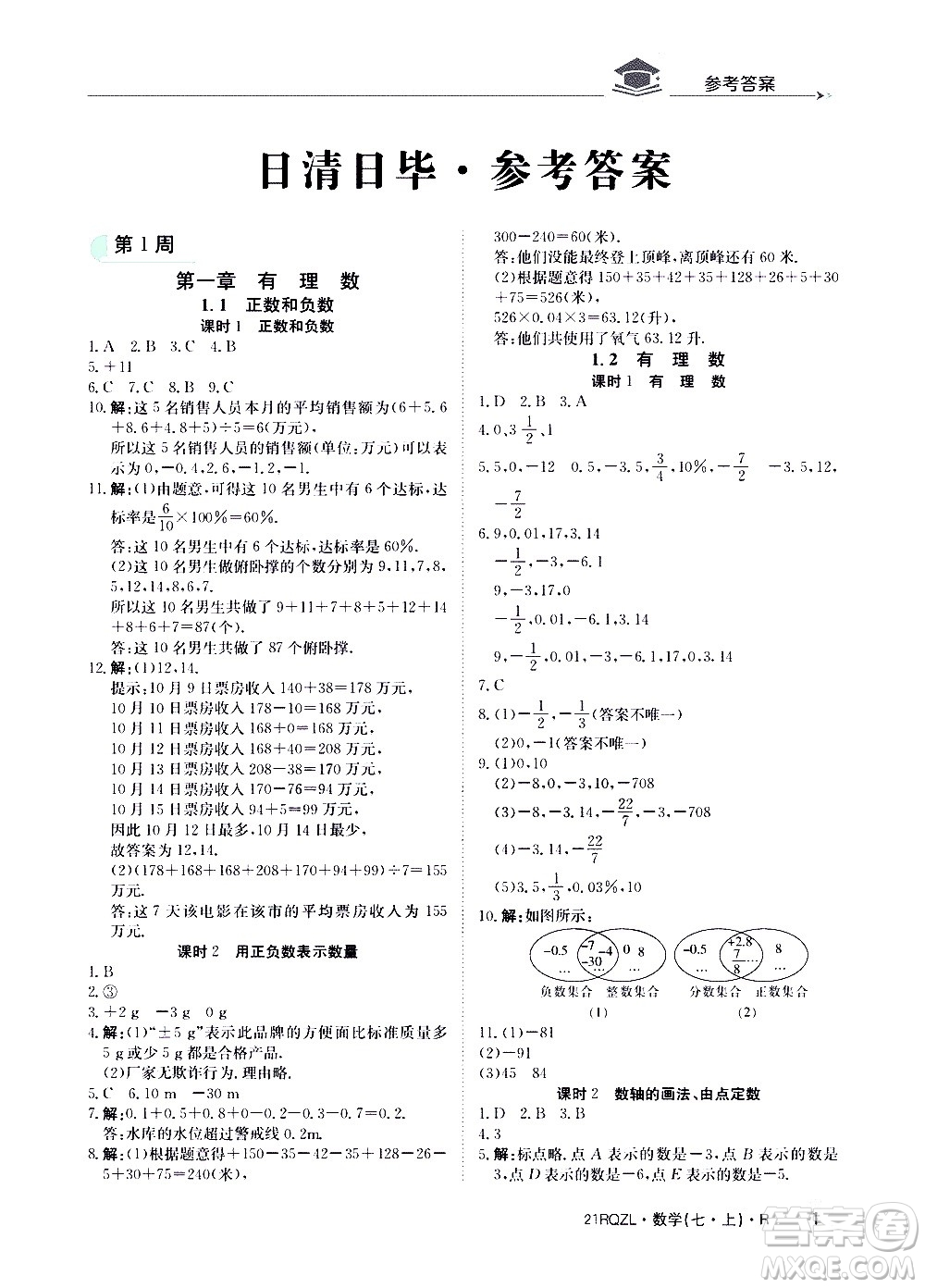 江西高校出版社2020年日清周練數(shù)學(xué)七年級(jí)上冊(cè)人教版答案