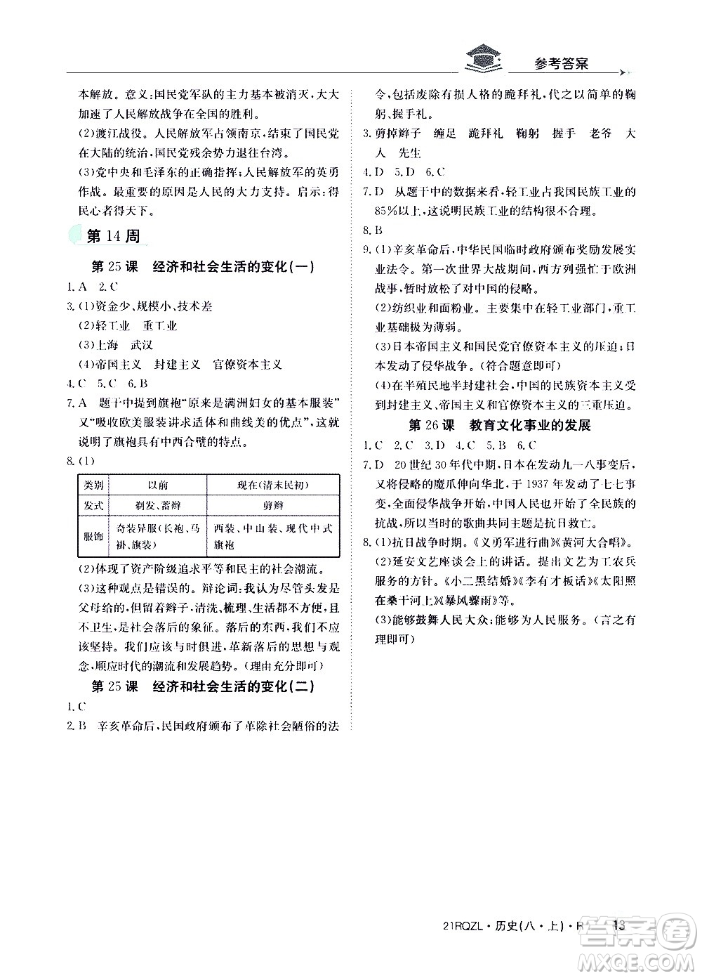 江西高校出版社2021版日清周練歷史八年級(jí)上冊(cè)人教版答案
