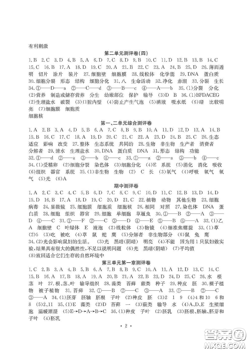 光明日?qǐng)?bào)出版社2020秋大顯身手素質(zhì)教育單元測(cè)試卷七年級(jí)生物上冊(cè)答案