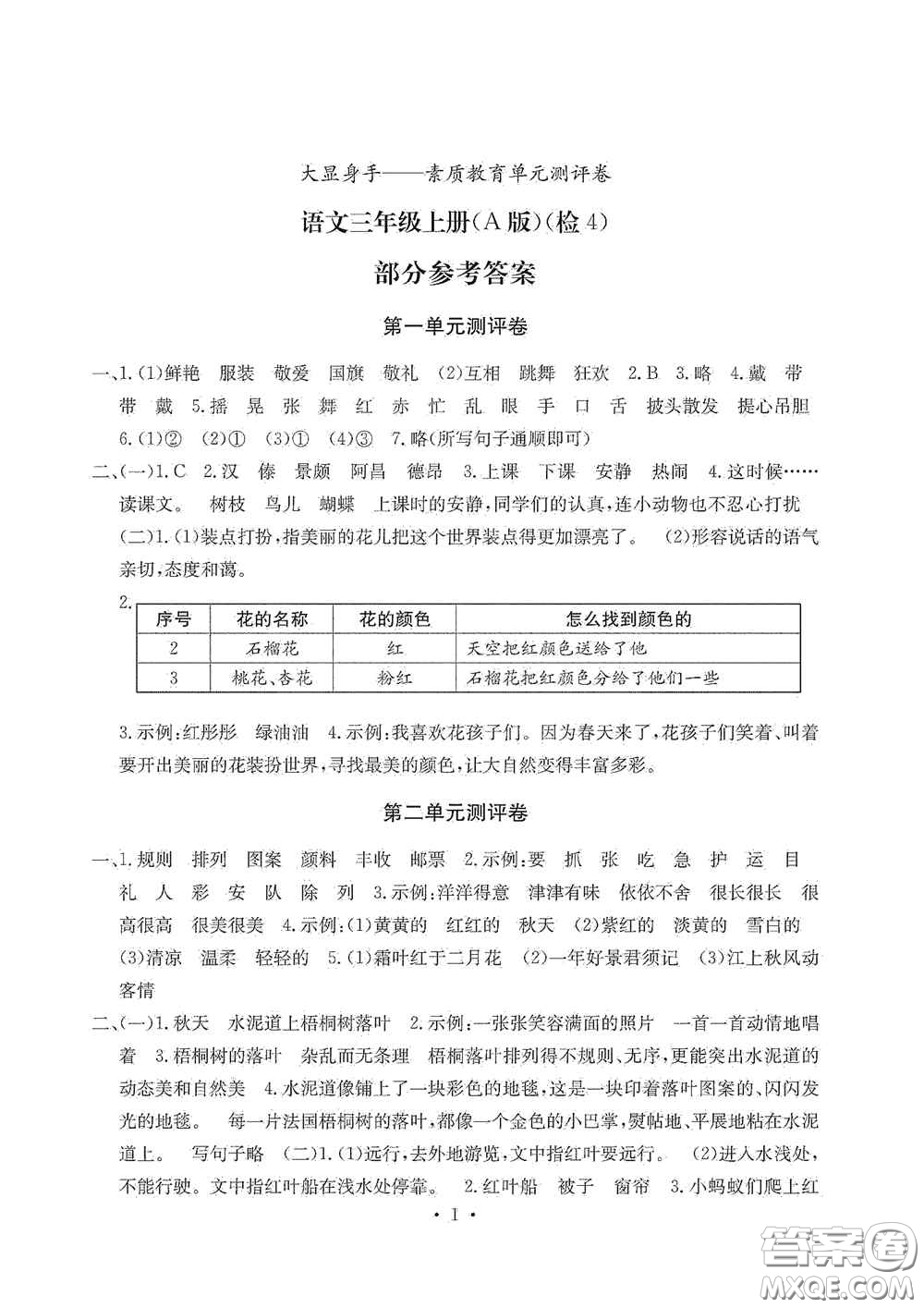 光明日?qǐng)?bào)出版社2020大顯身手素質(zhì)教育單元測(cè)試卷三年級(jí)語(yǔ)文上冊(cè)A版答案