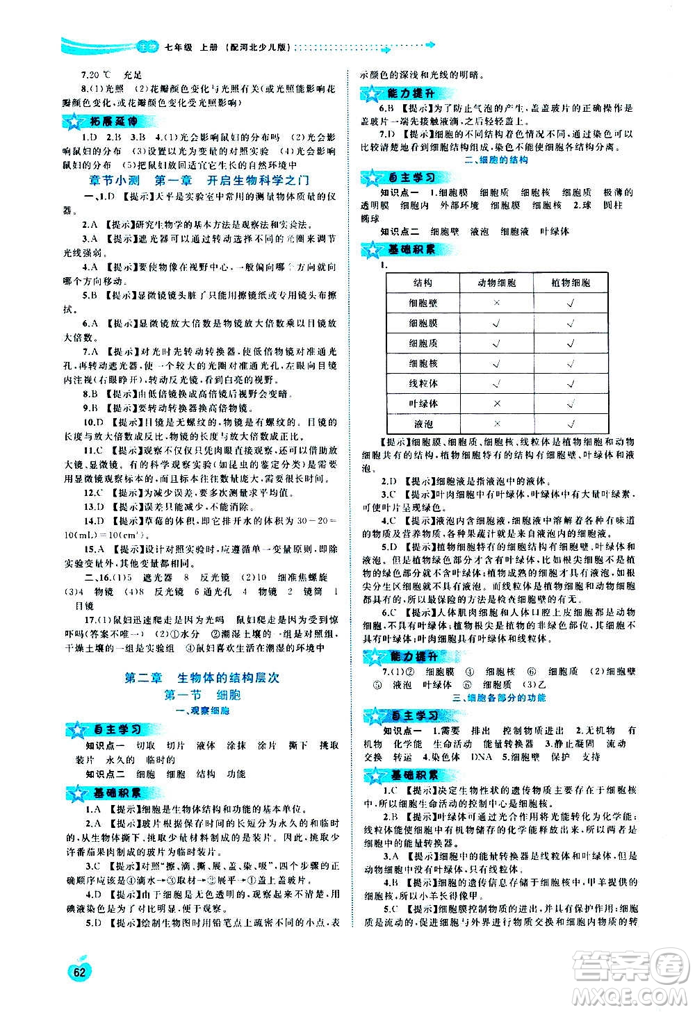 廣西教育出版社2020新課程學(xué)習(xí)與測評同步學(xué)習(xí)生物七年級上冊河北少兒版答案