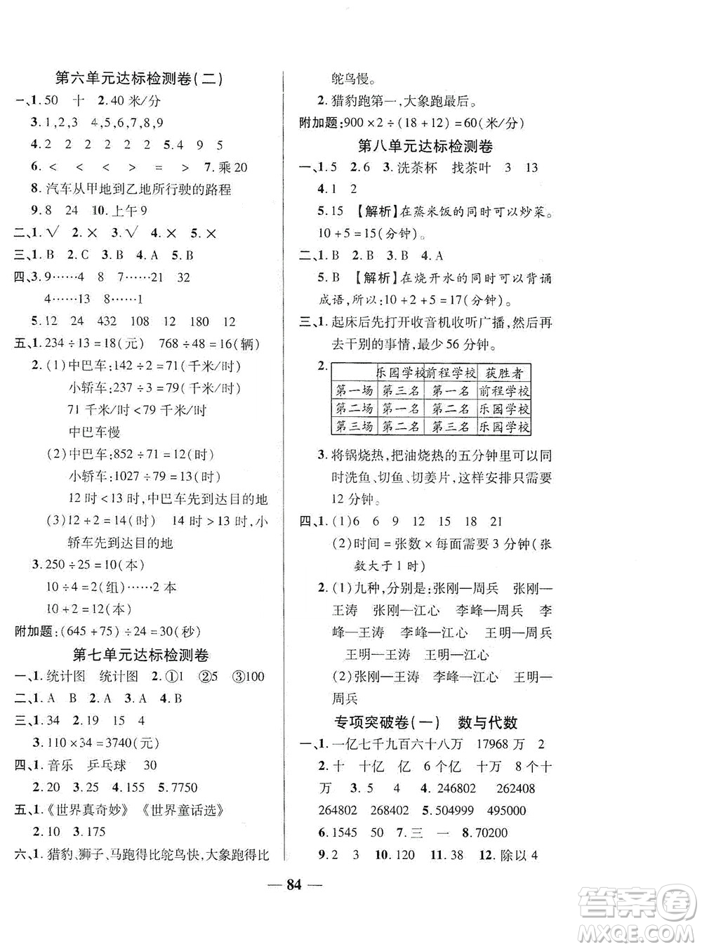 2020秋云南本土名校金卷四年級數(shù)學上冊答案