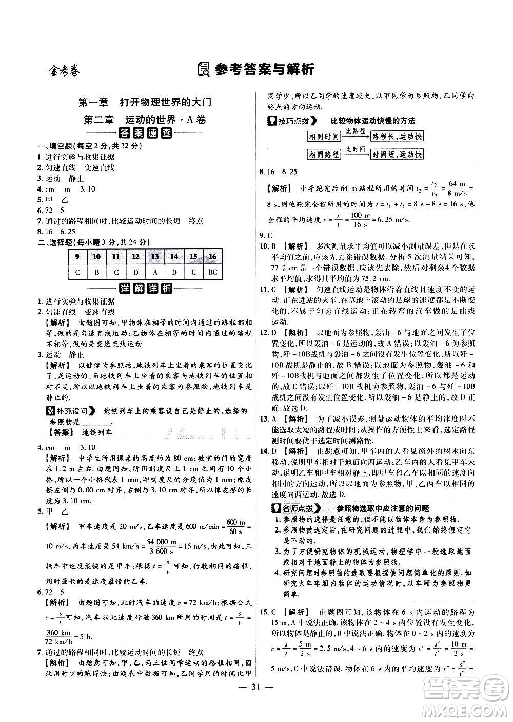 2021版金考卷活頁題選名師名題單元雙測卷物理八年級(jí)上冊HK滬科版答案