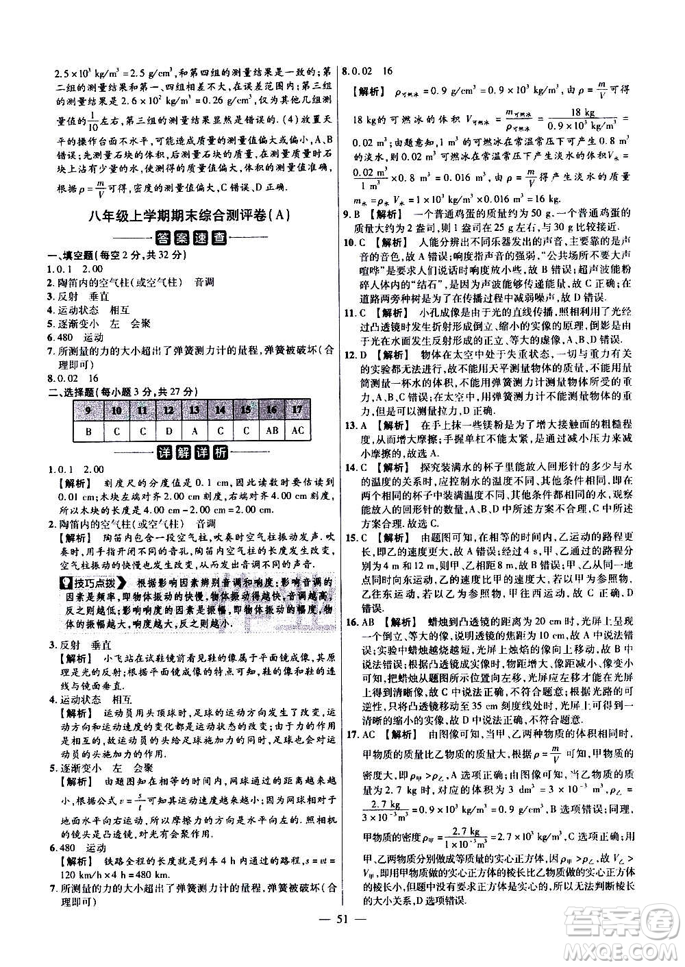 2021版金考卷活頁題選名師名題單元雙測卷物理八年級(jí)上冊HK滬科版答案