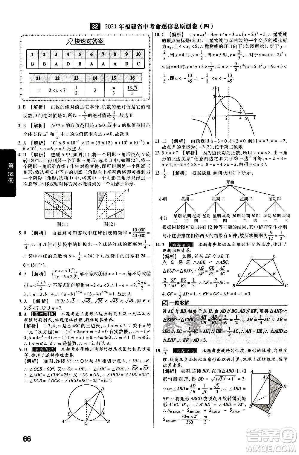 金考卷特快專遞2021版福建中考45套匯編數(shù)學(xué)答案