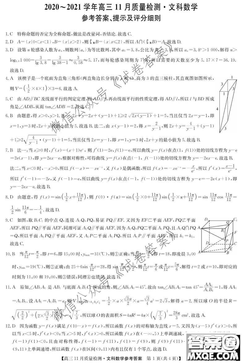 九師聯(lián)盟2020-2021學年高三11月質(zhì)量檢測文科數(shù)學試題及答案