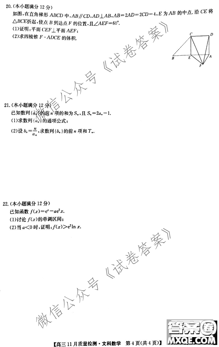 九師聯(lián)盟2020-2021學年高三11月質(zhì)量檢測文科數(shù)學試題及答案