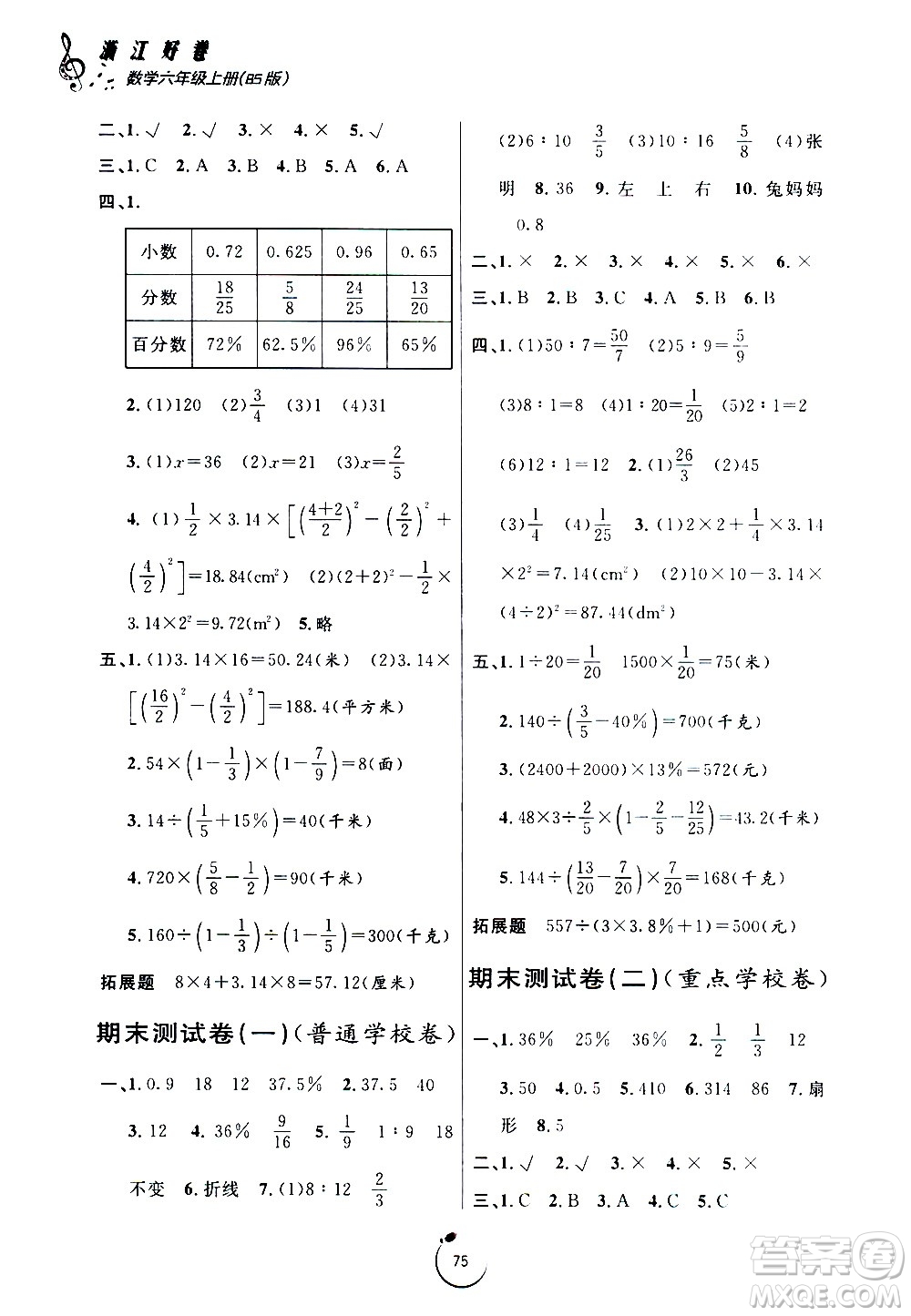 寧波出版社2020年浙江好卷數(shù)學(xué)六年級(jí)上冊(cè)BS北師版答案