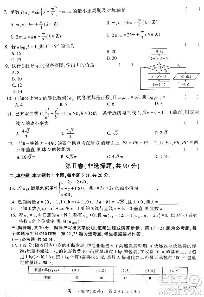 環(huán)際大聯(lián)考圓夢(mèng)計(jì)劃2020-2021學(xué)年度第一學(xué)期期中考試高三文科數(shù)學(xué)試題及答案