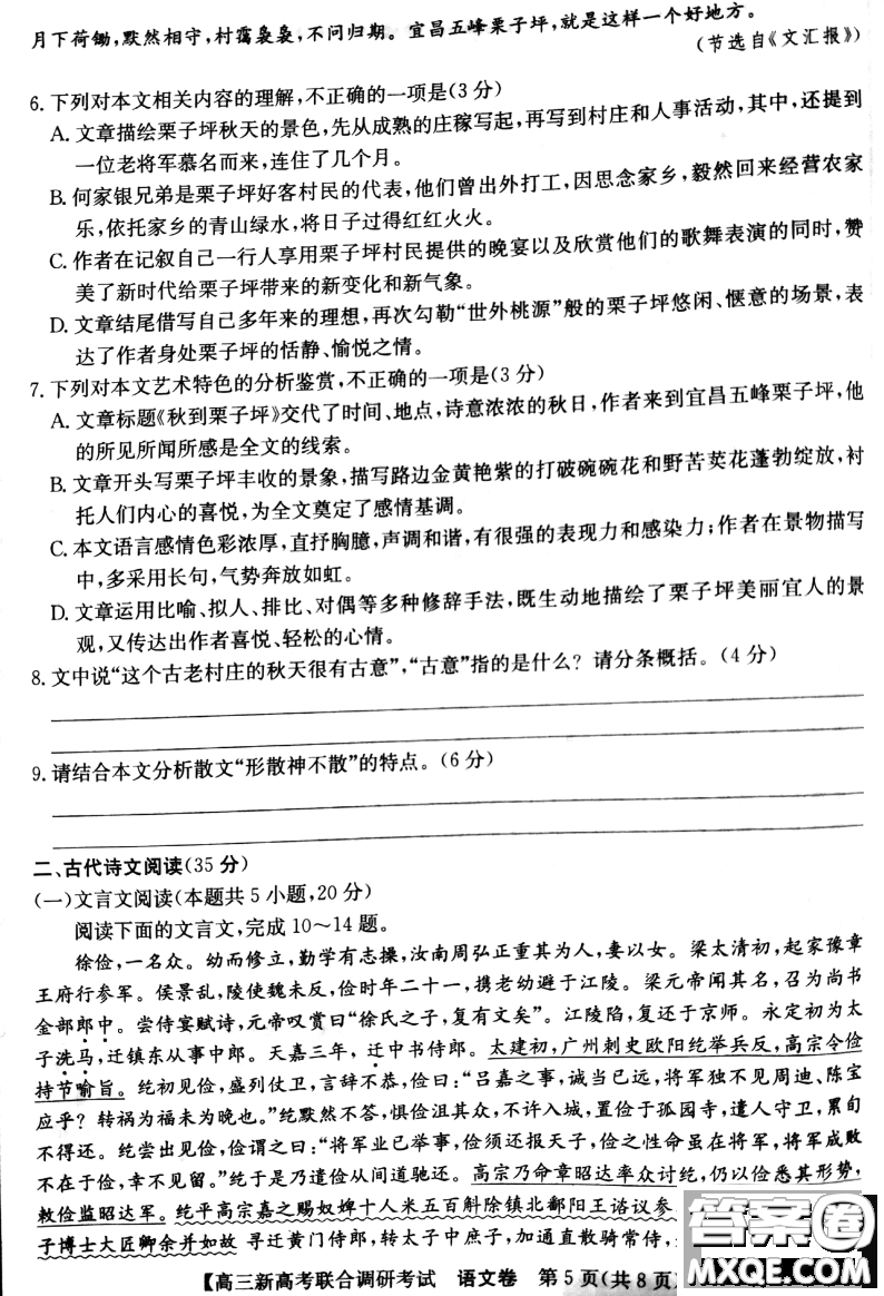 2020-2021學(xué)年遼寧省新高考聯(lián)合調(diào)研考試高三語(yǔ)文試題及答案
