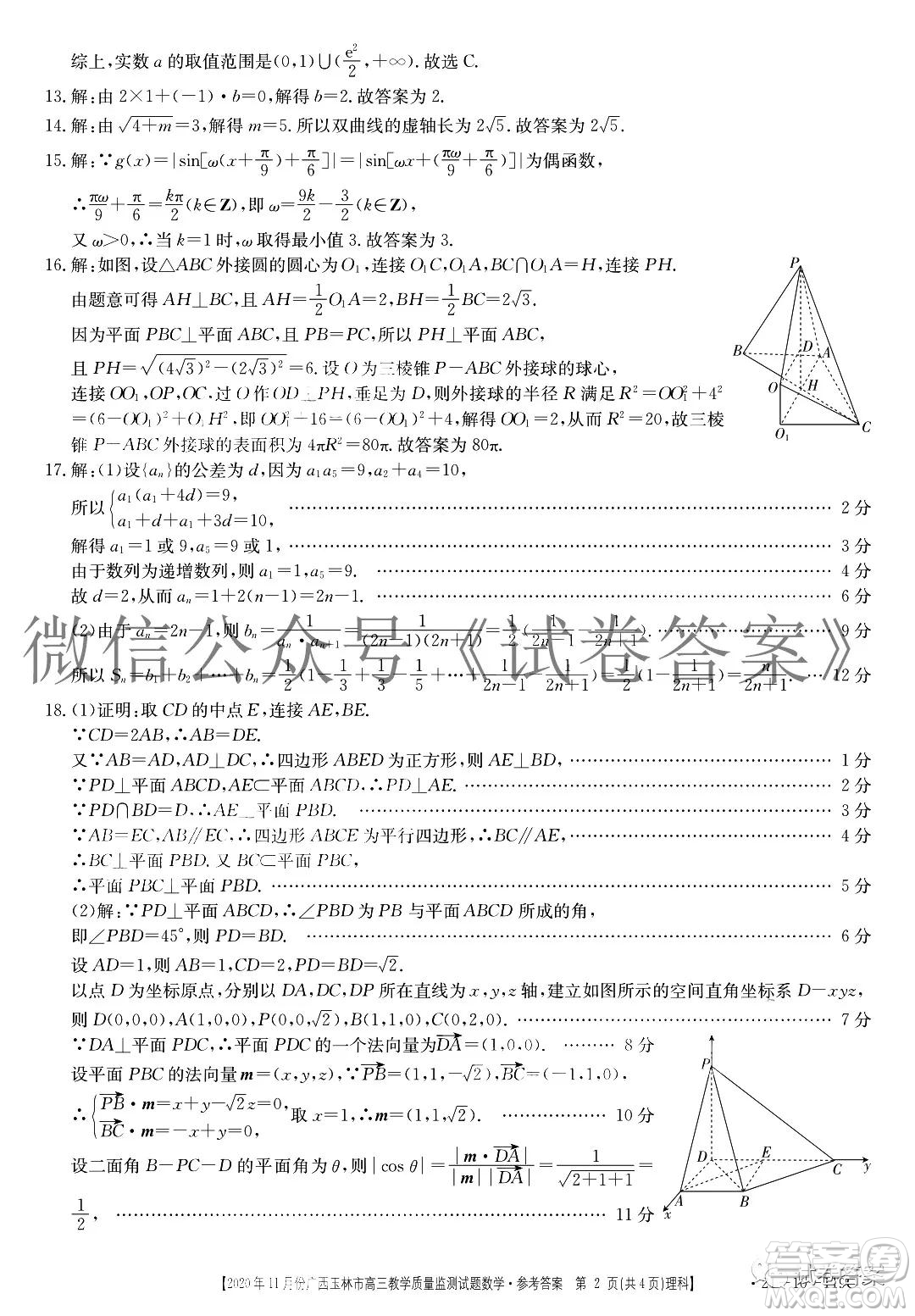 2020年11月份廣西玉林市高三教學(xué)質(zhì)量監(jiān)測(cè)試題理科數(shù)學(xué)答案