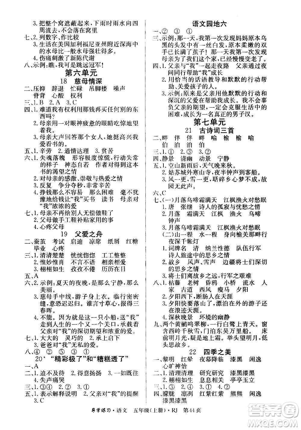 延邊教育出版社2020導學練習樂享語文五年級上冊RJ人教版答案