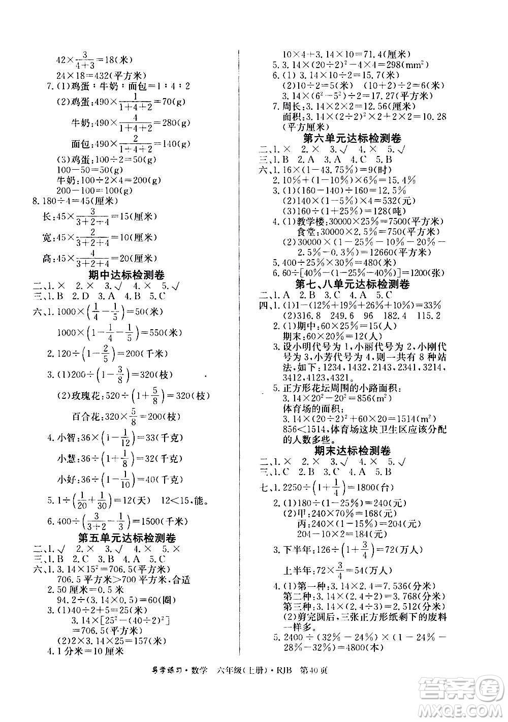 延邊教育出版社2020導學練習樂享數(shù)學六年級上冊RJB人教版答案