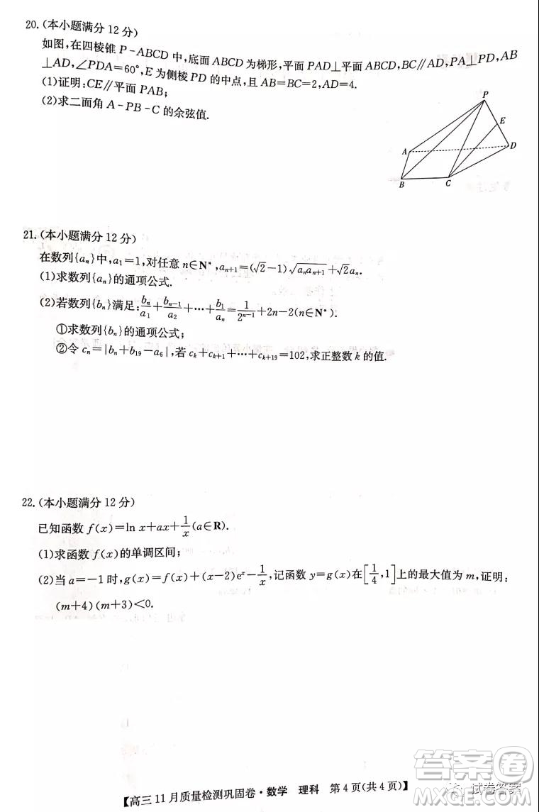 九師聯(lián)盟2020-2021學(xué)年高三11月質(zhì)量檢測(cè)鞏固卷理科數(shù)學(xué)試題及答案
