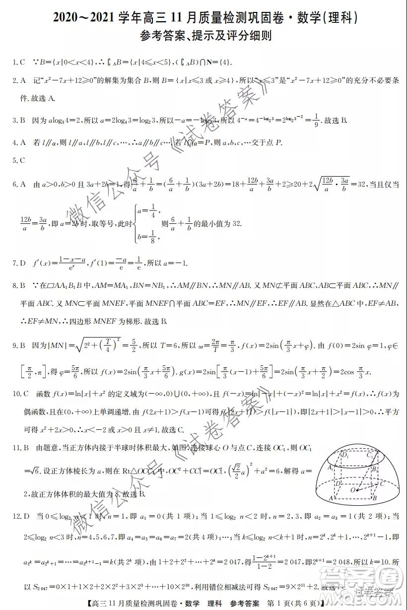 九師聯(lián)盟2020-2021學(xué)年高三11月質(zhì)量檢測(cè)鞏固卷理科數(shù)學(xué)試題及答案