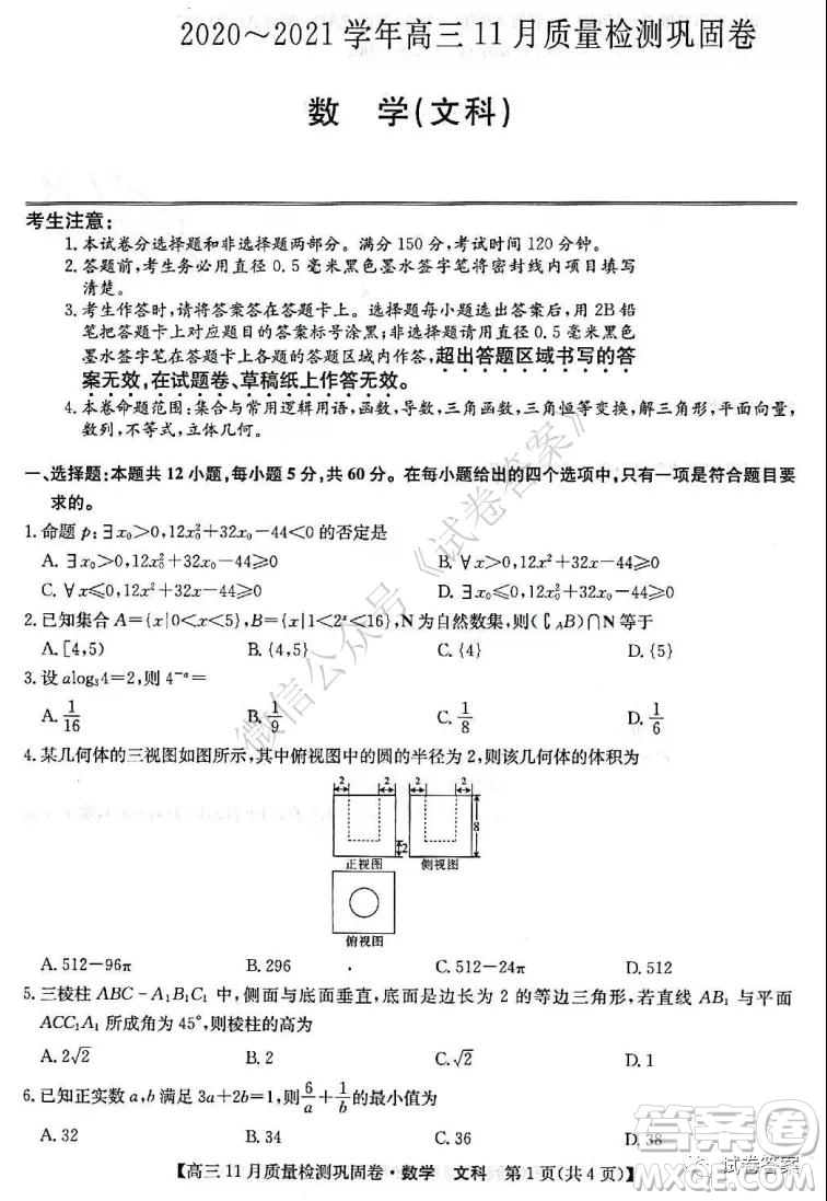 九師聯(lián)盟2020-2021學(xué)年高三11月質(zhì)量檢測(cè)鞏固卷文科數(shù)學(xué)試題及答案