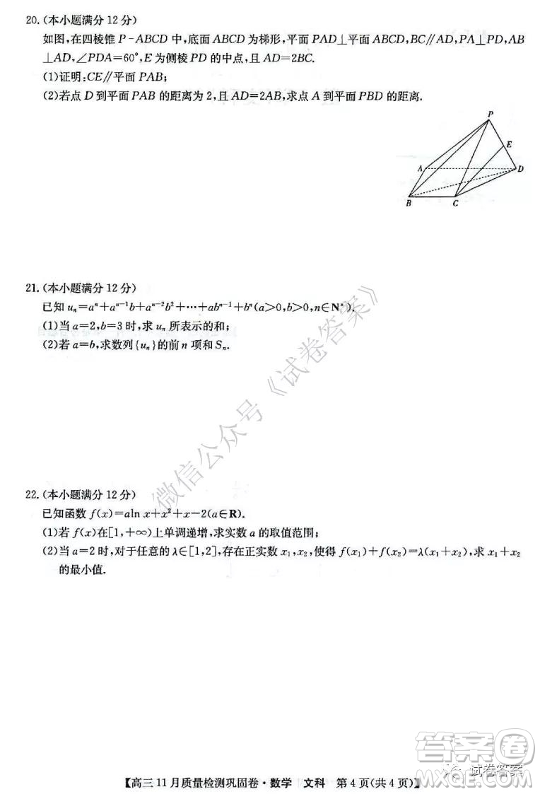 九師聯(lián)盟2020-2021學(xué)年高三11月質(zhì)量檢測(cè)鞏固卷文科數(shù)學(xué)試題及答案
