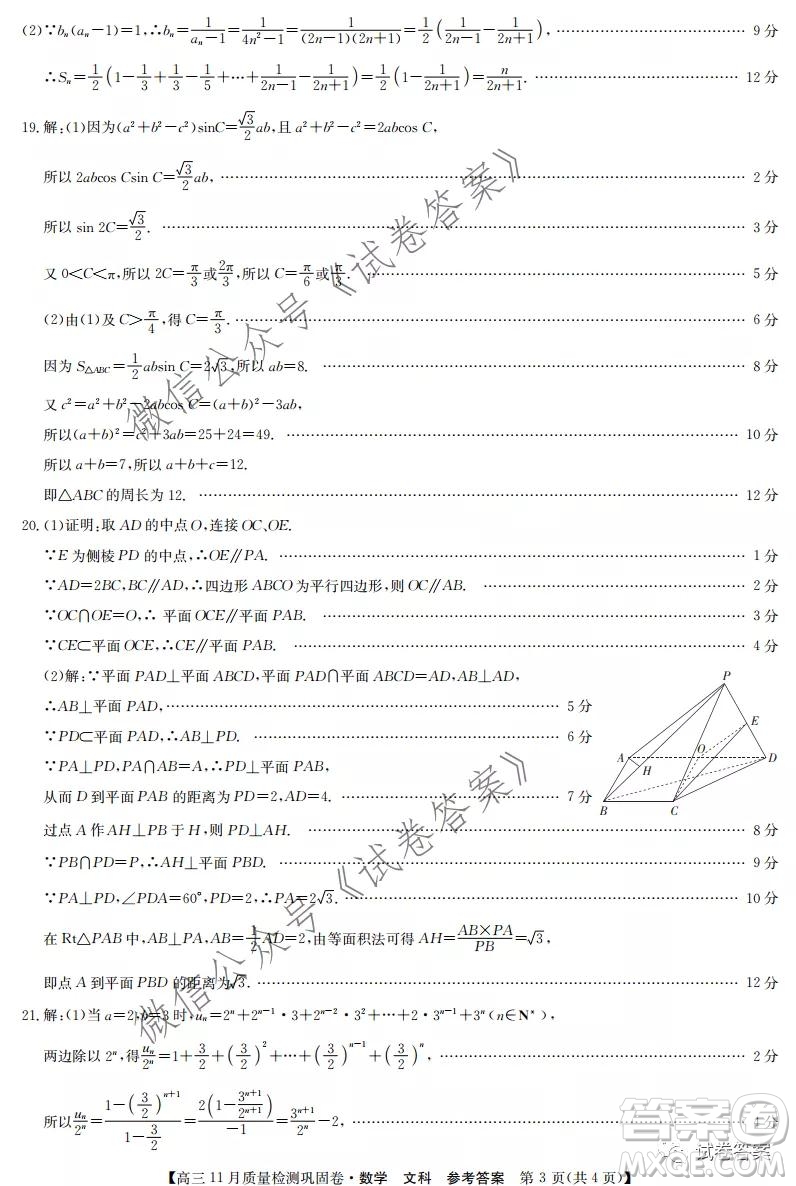 九師聯(lián)盟2020-2021學(xué)年高三11月質(zhì)量檢測(cè)鞏固卷文科數(shù)學(xué)試題及答案