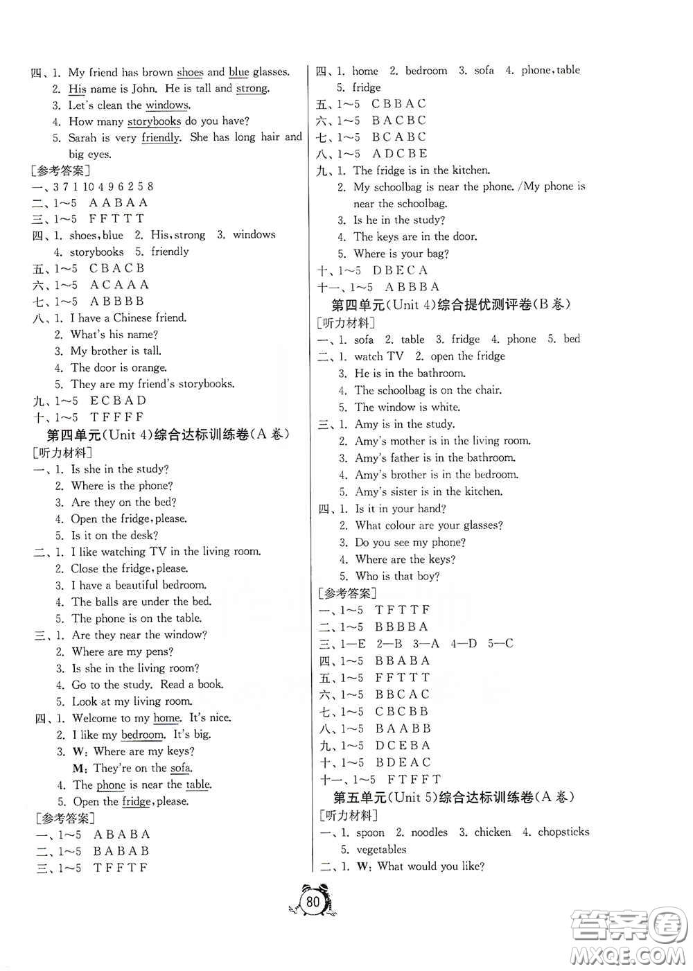 山東人民出版社2020年秋小學(xué)單元測(cè)試卷四年級(jí)英語(yǔ)上冊(cè)人教PEP版答案