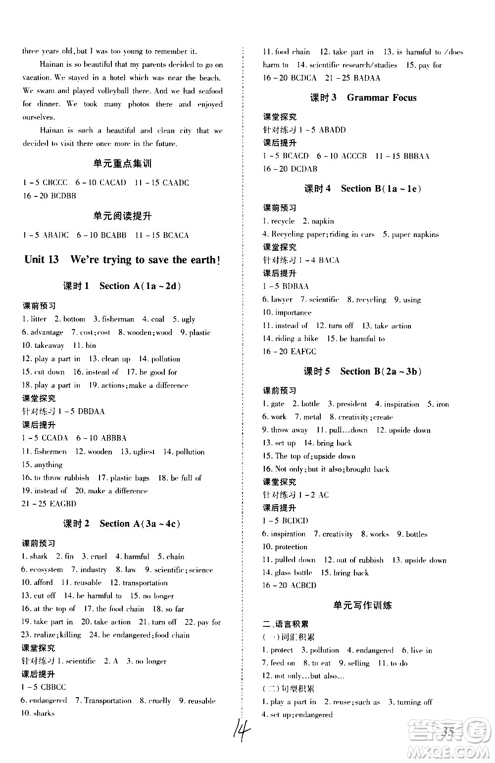 內(nèi)蒙古少年兒童出版社2020本土攻略英語九年級全一冊RJ人教版答案