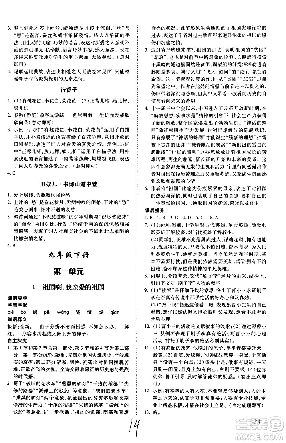 內(nèi)蒙古少年兒童出版社2020本土攻略語(yǔ)文九年級(jí)全一冊(cè)RJ人教版答案