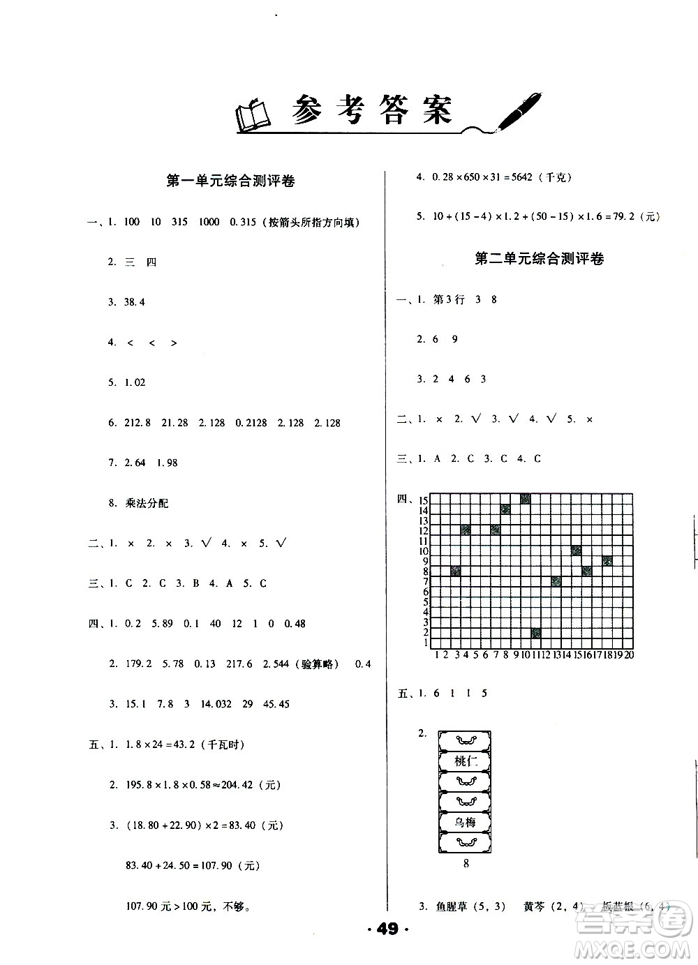 北方婦女兒童出版社2020全程考評一卷通數(shù)學(xué)五年級上冊RJ人教版答案