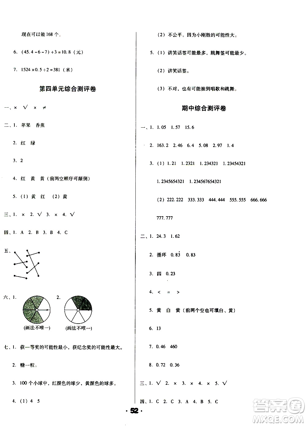 北方婦女兒童出版社2020全程考評一卷通數(shù)學(xué)五年級上冊RJ人教版答案