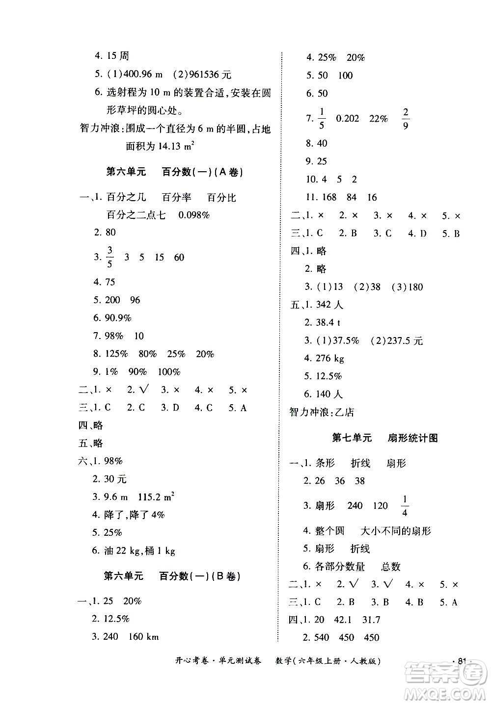 江西高校出版社2020開心考卷單元測(cè)試卷數(shù)學(xué)六年級(jí)上冊(cè)人教版答案
