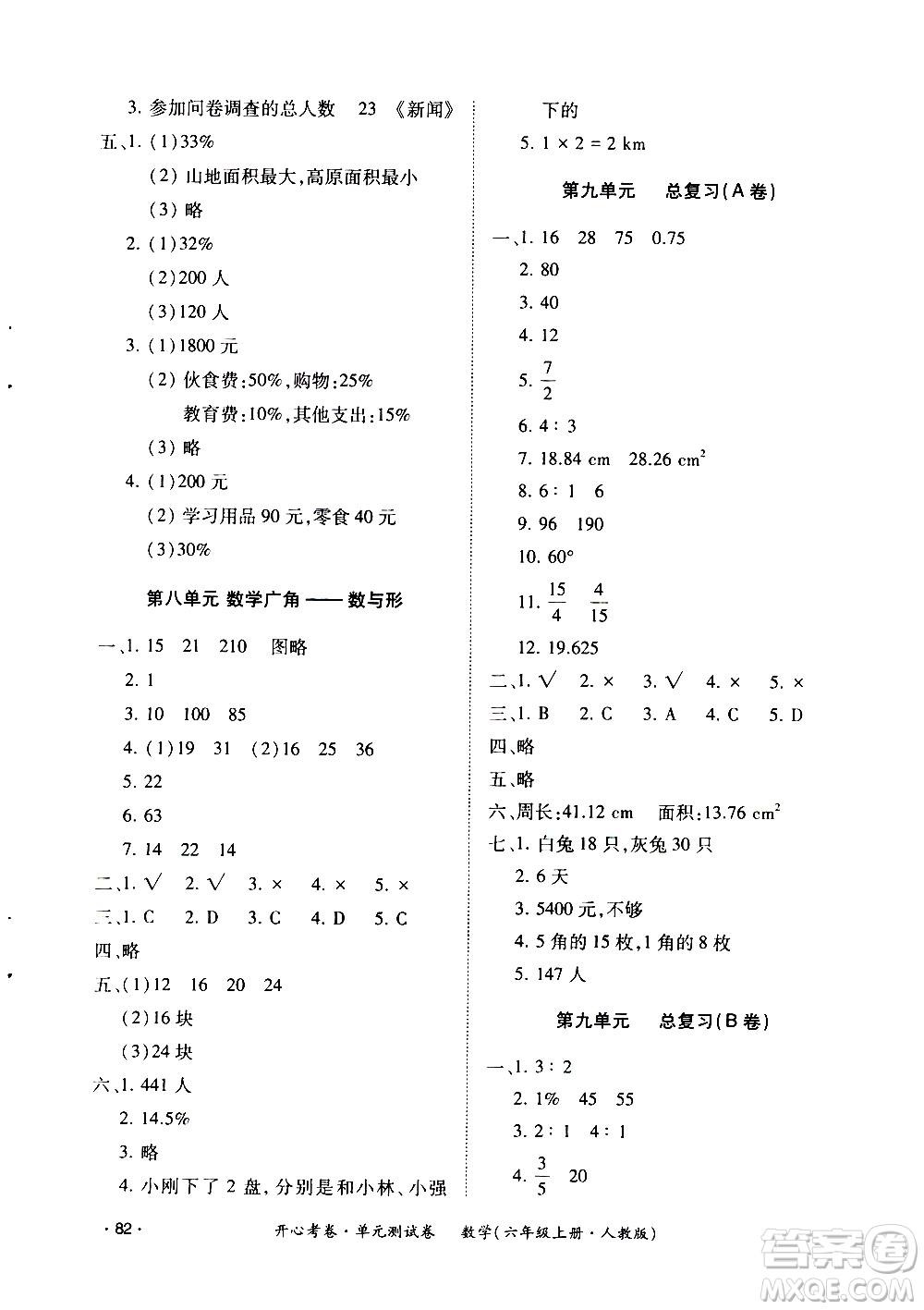 江西高校出版社2020開心考卷單元測(cè)試卷數(shù)學(xué)六年級(jí)上冊(cè)人教版答案