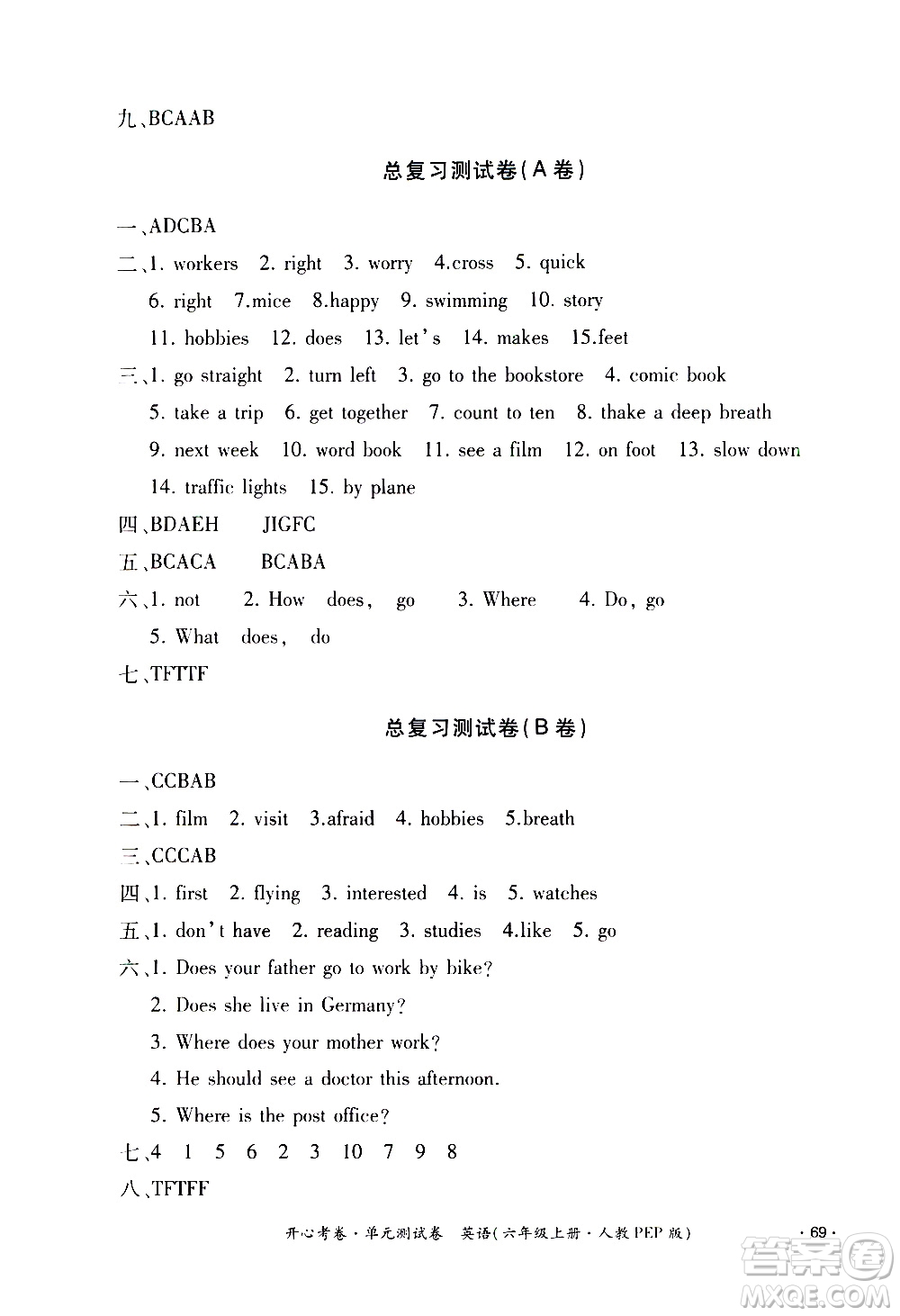 江西高校出版社2020開(kāi)心考卷單元測(cè)試卷英語(yǔ)六年級(jí)上冊(cè)人教版答案