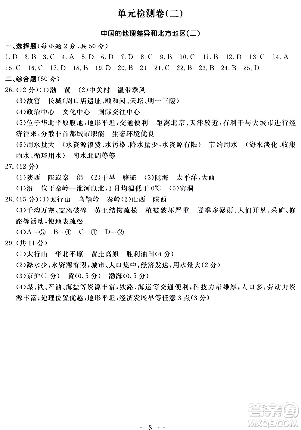 山東科學(xué)技術(shù)出版社2020單元檢測(cè)卷地理八年級(jí)上冊(cè)人教版答案