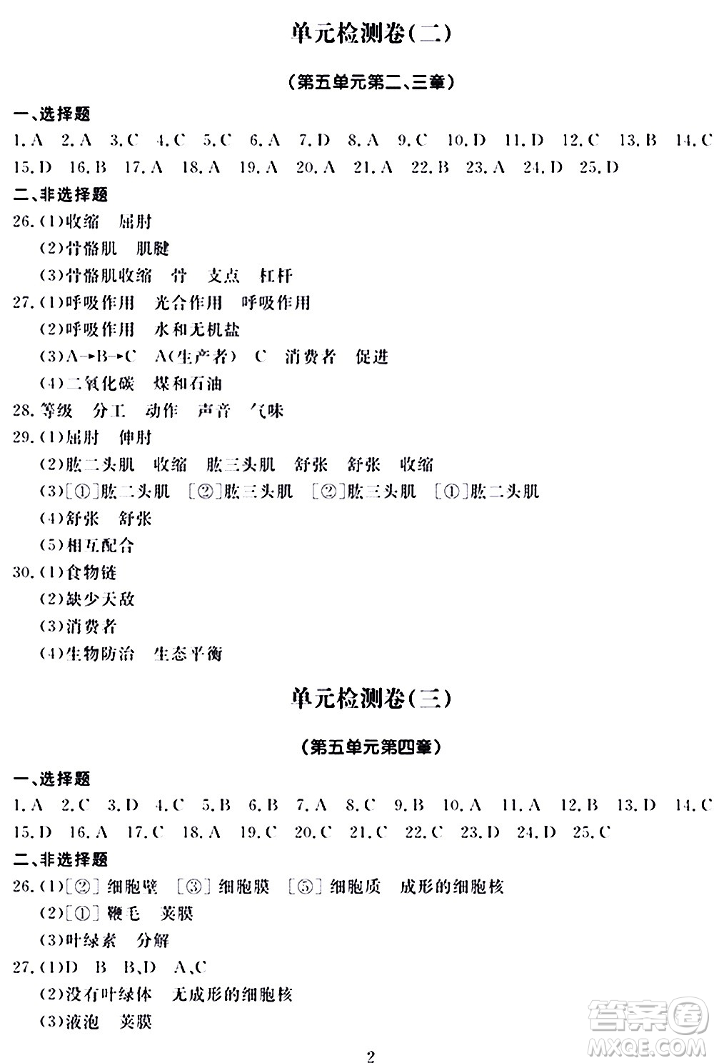 山東科學(xué)技術(shù)出版社2020單元檢測(cè)卷生物學(xué)八年級(jí)上冊(cè)人教版答案