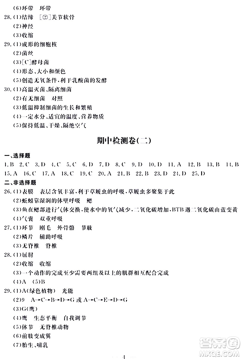 山東科學(xué)技術(shù)出版社2020單元檢測(cè)卷生物學(xué)八年級(jí)上冊(cè)人教版答案