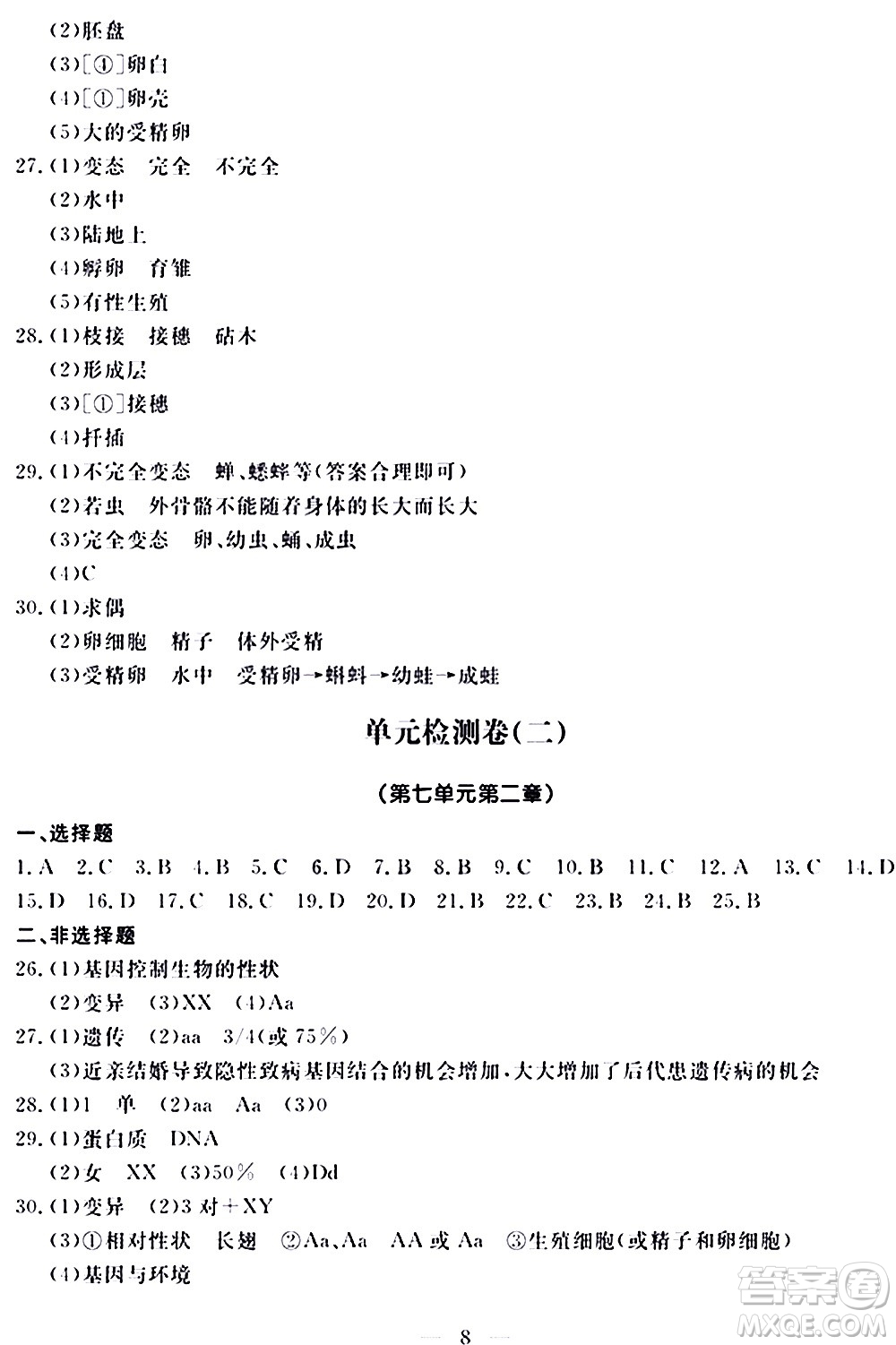 山東科學(xué)技術(shù)出版社2020單元檢測(cè)卷生物學(xué)八年級(jí)上冊(cè)人教版答案
