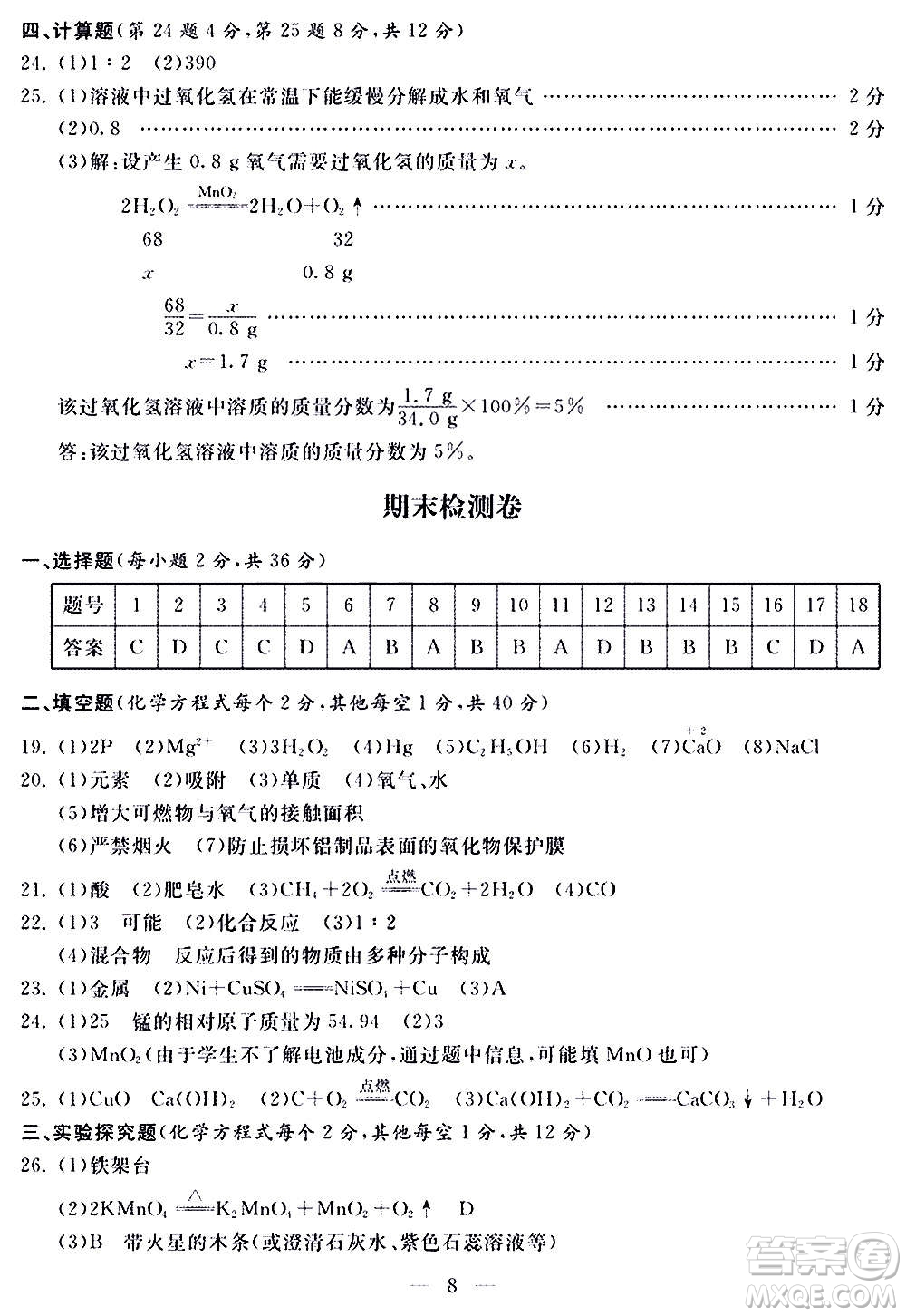 山東科學(xué)技術(shù)出版社2020單元檢測卷化學(xué)九年級上下冊人教版答案