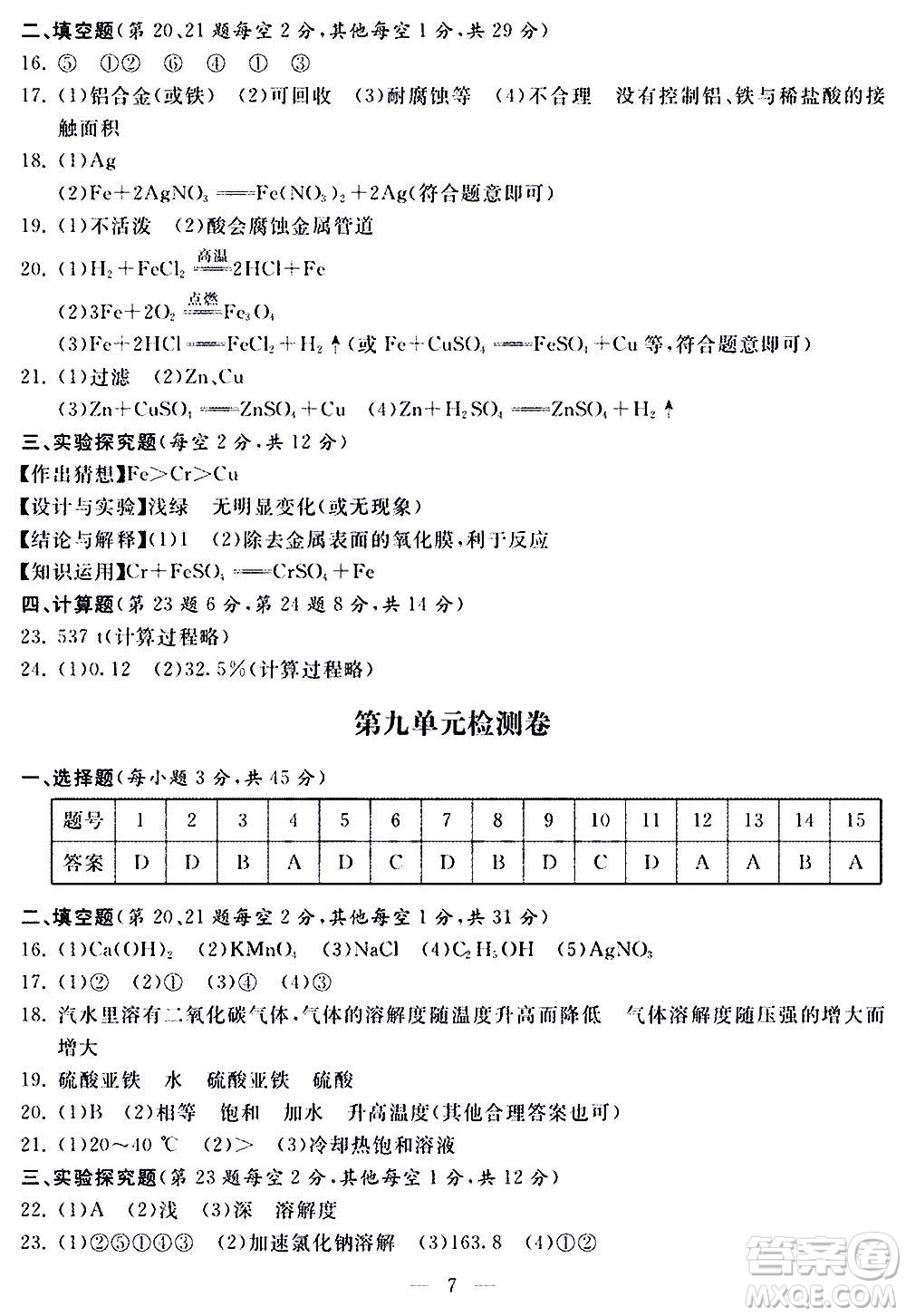 山東科學(xué)技術(shù)出版社2020單元檢測卷化學(xué)九年級上下冊人教版答案