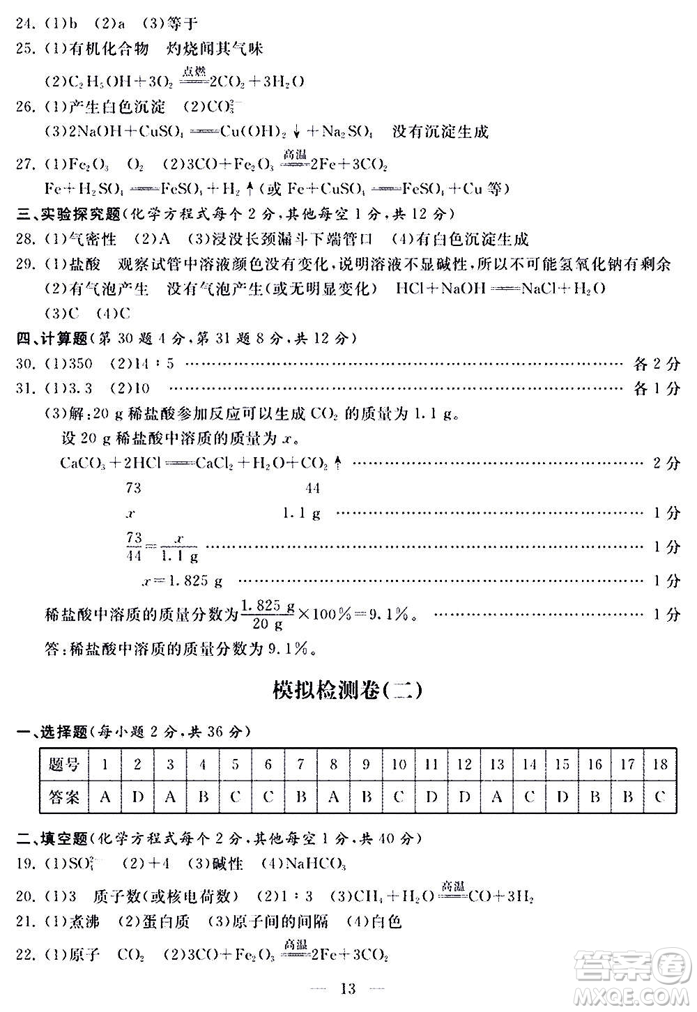 山東科學(xué)技術(shù)出版社2020單元檢測卷化學(xué)九年級上下冊人教版答案