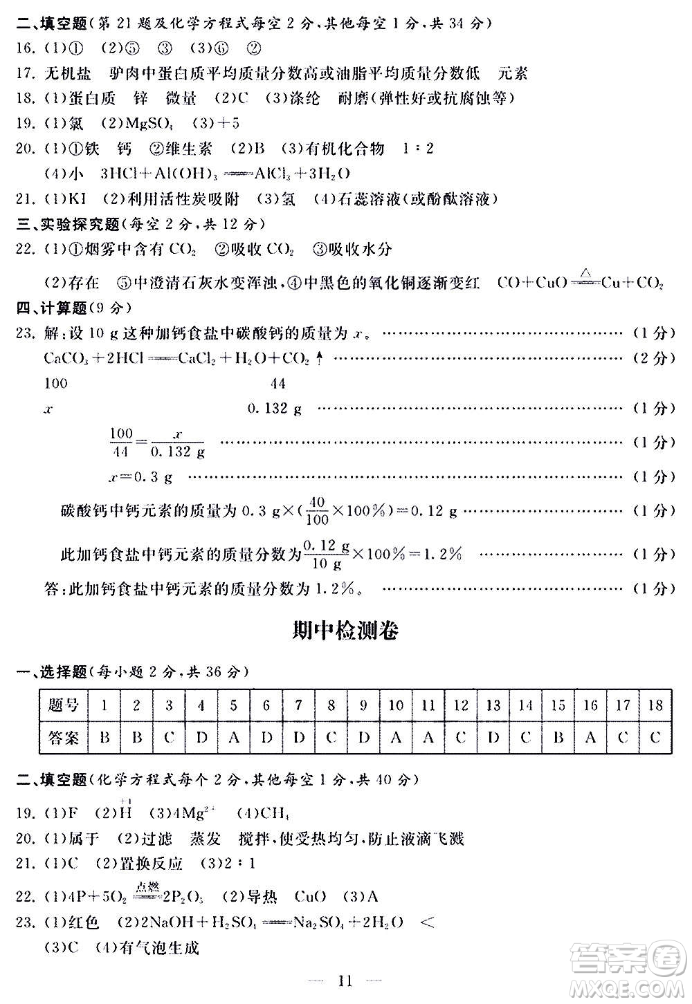 山東科學(xué)技術(shù)出版社2020單元檢測卷化學(xué)九年級上下冊人教版答案