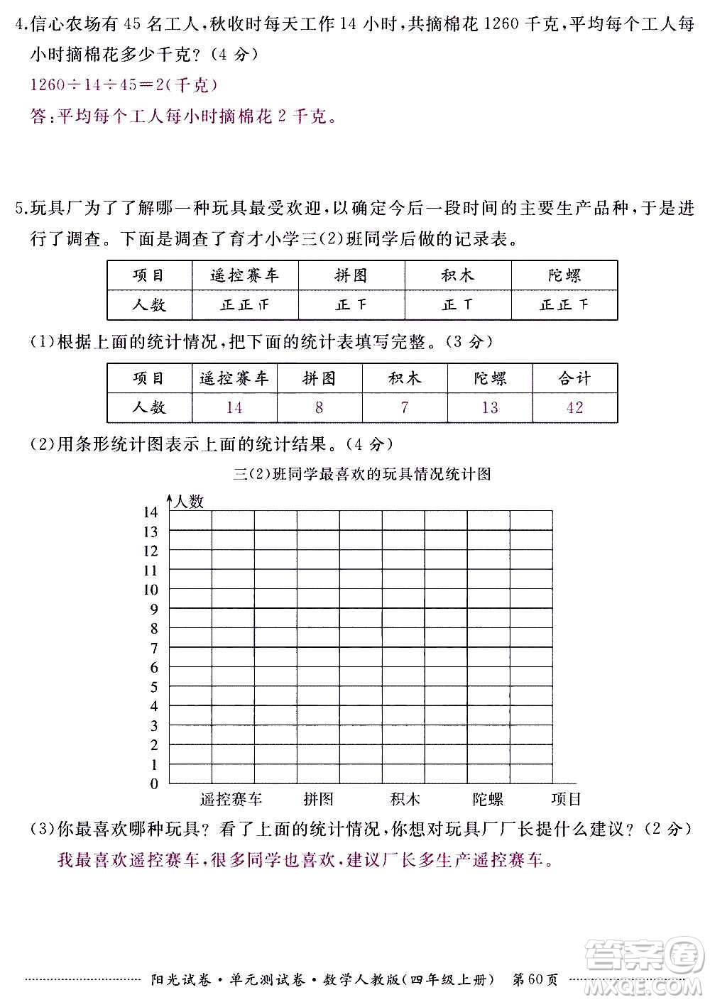 江西高校出版社2020陽光試卷單元測試卷數(shù)學(xué)四年級上冊人教版答案