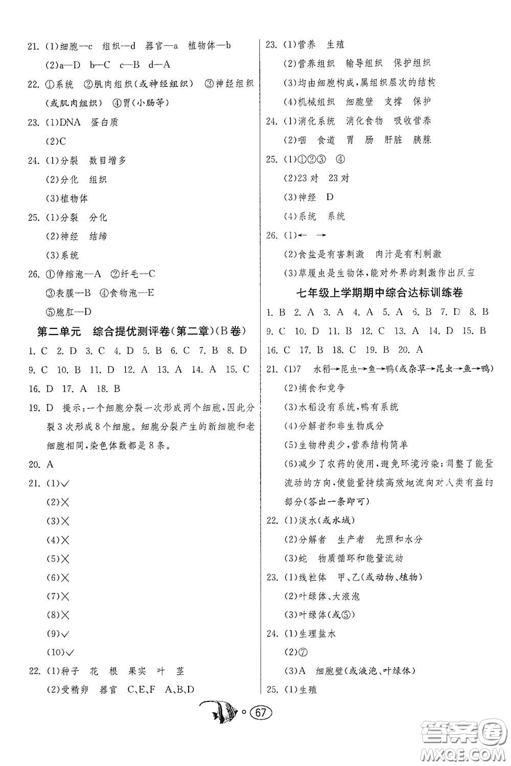 江蘇人民出版社2020名牌牛皮卷提優(yōu)名卷七年級生物上冊RMJY版答案