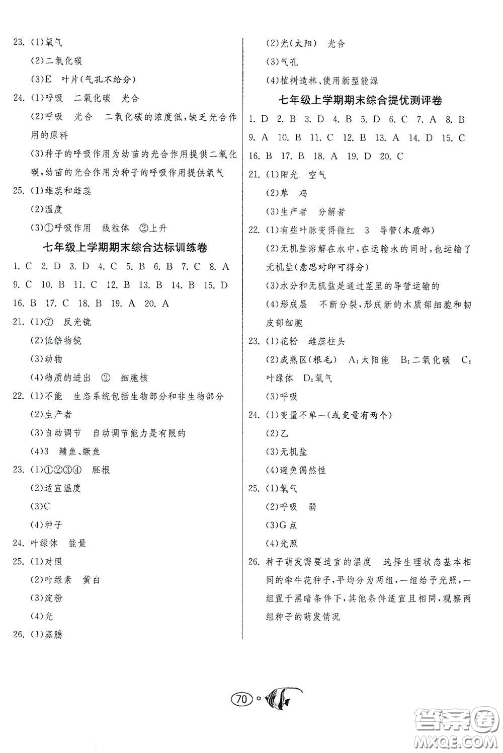 江蘇人民出版社2020名牌牛皮卷提優(yōu)名卷七年級生物上冊RMJY版答案