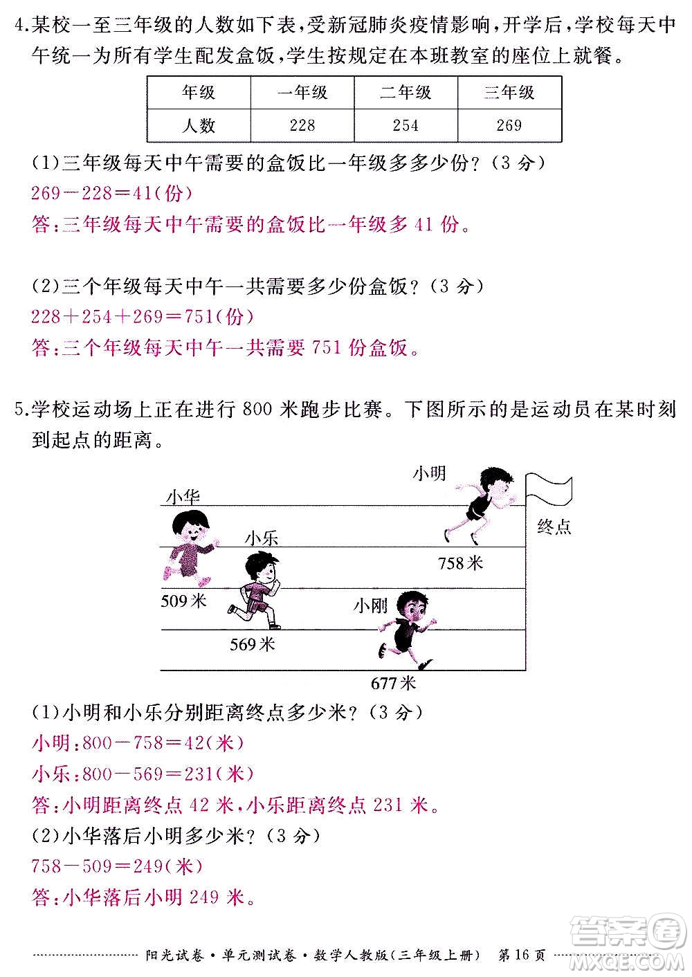 江西高校出版社2020陽光試卷單元測試卷數(shù)學(xué)三年級上冊人教版答案